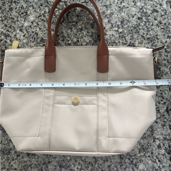 Harrods Beige Tote with Brown Leather Handles and Gold Button - Picture 6 of 8